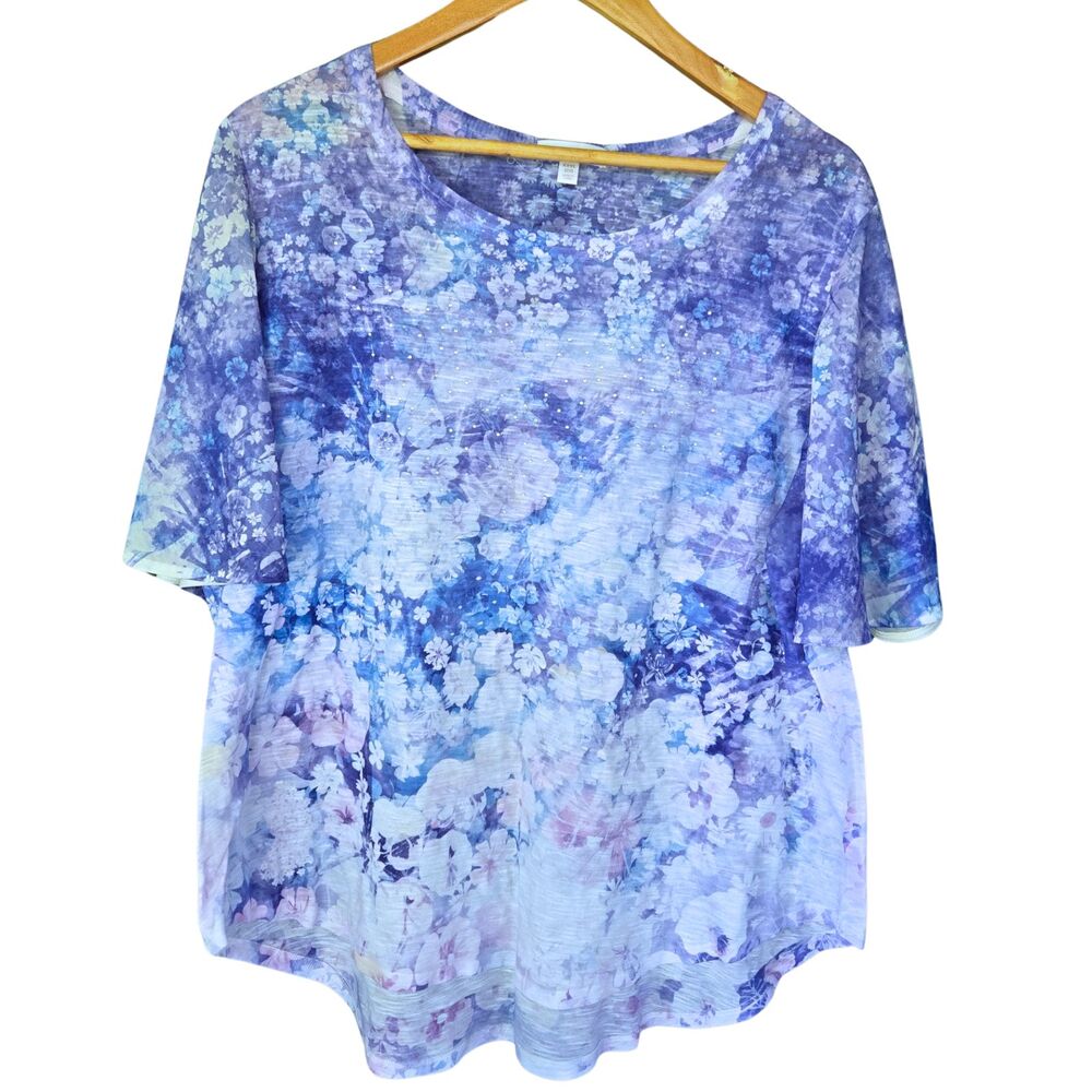 Soft Feminine Lavender Floral Rhinestone Butterfly Sleeve Flowy Watercolor Top